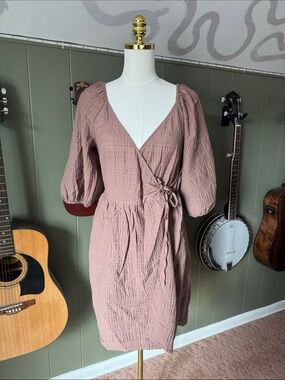 a new day Dusty Rose Wrap Dress with Puff Sleeves